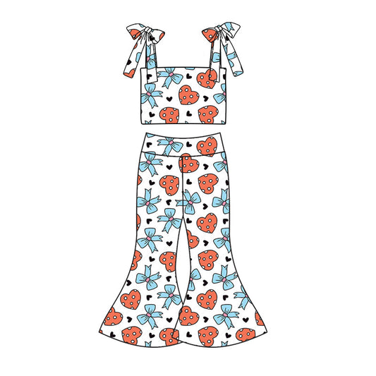 custom (moq 5)Baby Girls Bows Hearts Straps Top Bell Pants Clothes Sets