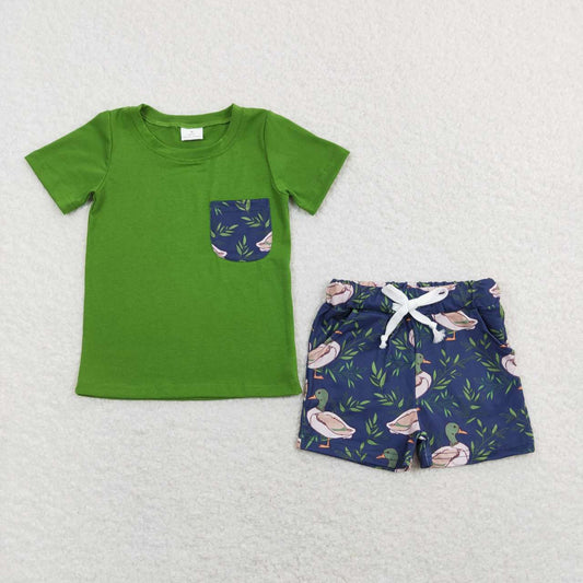 BSSO0480 Boy Mallard Green Pocket Short Sleeve Shorts Boys Set Kids Hunting Clothes