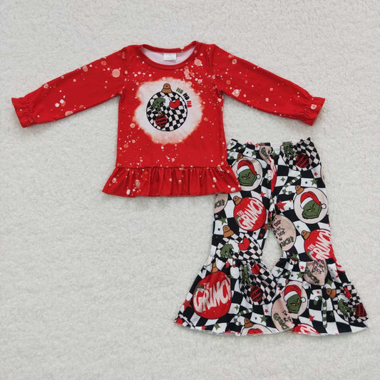GLP0515 Christmas Green Face Red Long Sleeves Plaid Print Pants Girls Clothes