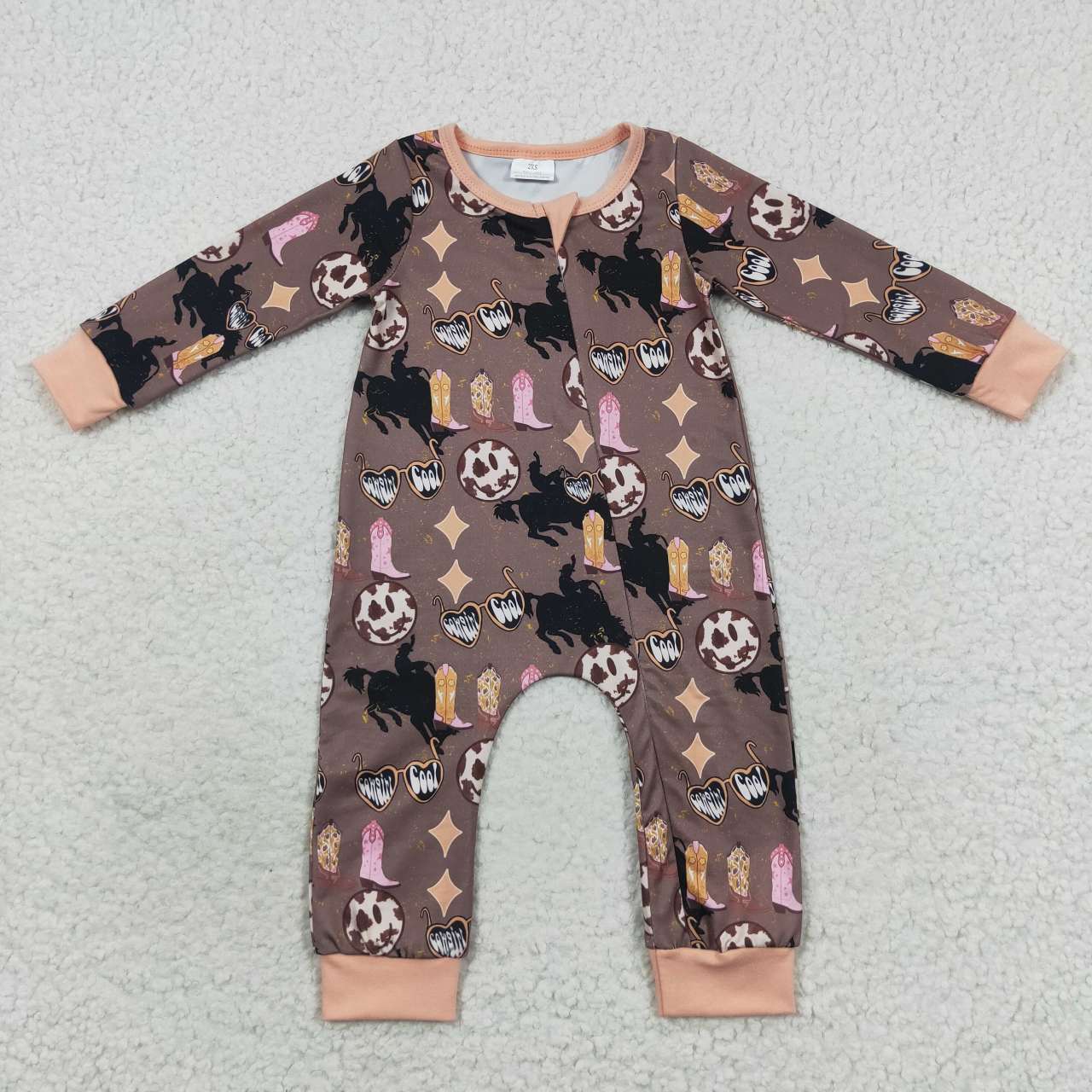 LR0482 Western Boot Brown Long Sleeve Kids Romper