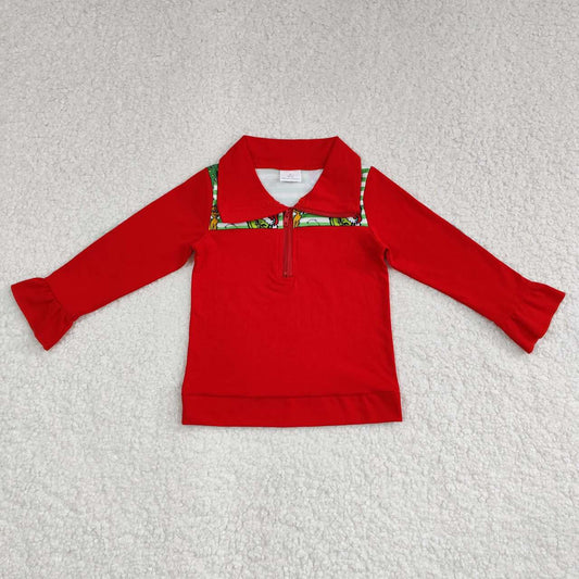 GT0611 Christmas green face red long sleeve girls pullover