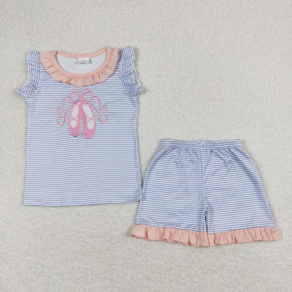 GSSO0574 embroidery Pink Dance Shoe Blue  Striped Flutter Sleeve Shots Girls Set