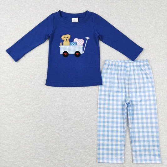 BLP0402 Valentine's Day dog heart blue long sleeve blue cell pants boys set