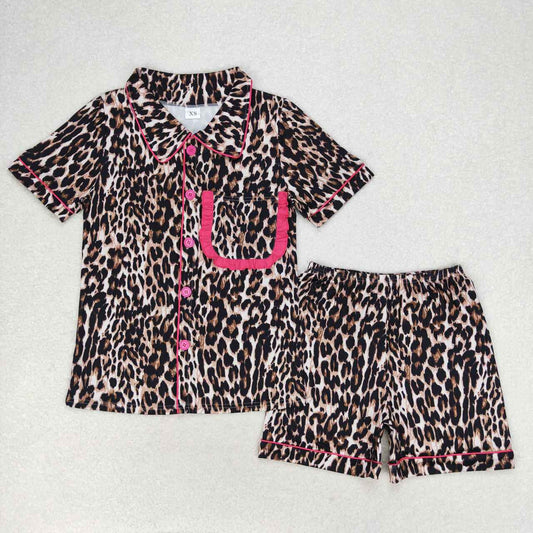 GSSO1122 brown leopard pocket short sleeve shorts adult pajamas