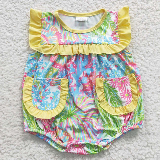 USA SHOP SR0391 Pink & Blue Flowers Green Pockets Yellow Sleeveless Romper
