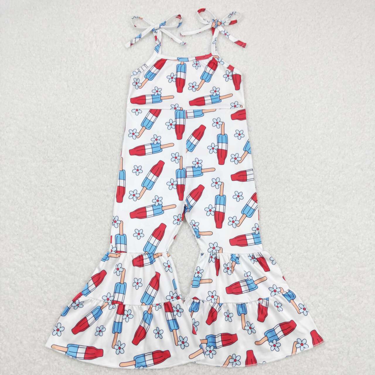 SR0905 July 4th Ice Red Blue Flowers Girls Jumpsuits