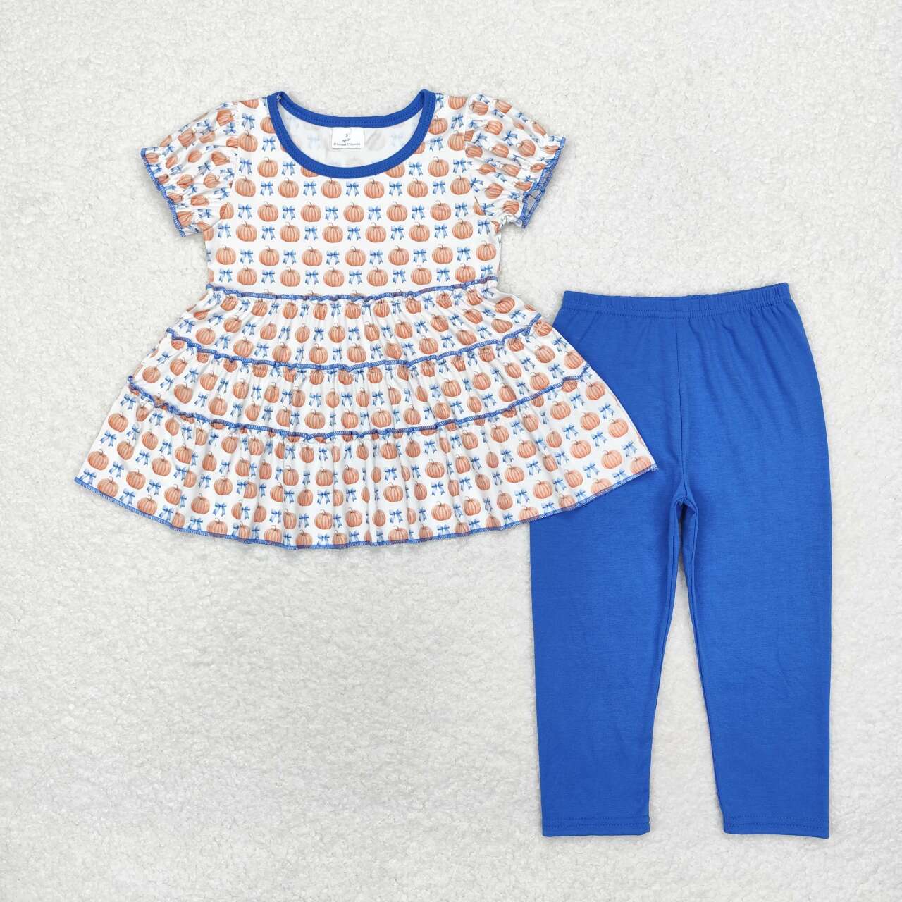 GSPO1678 pumpkin blue bows short sleeve blue pants girls set