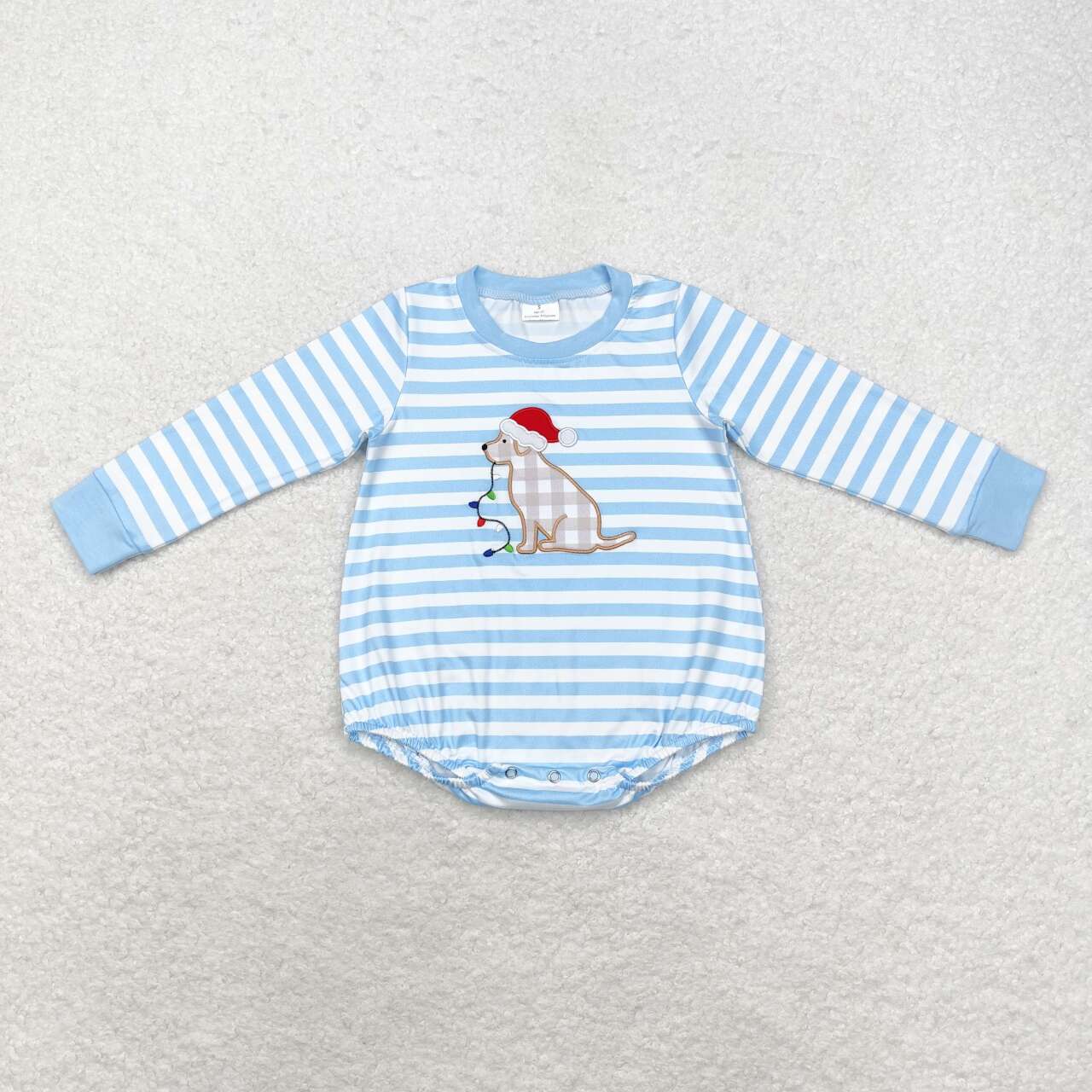 LR1307 embroidery Christmas dog light blue striped long sleeve boys romper