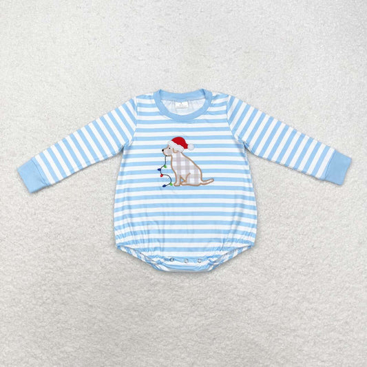 LR1307 embroidery Christmas dog light blue striped long sleeve boys romper