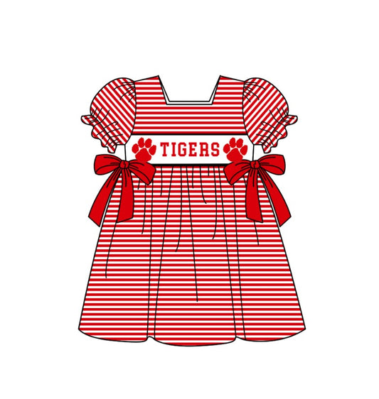 Custom Moq 3 Football Item Tigers Red Bows Short Sleeve Girls Dress
