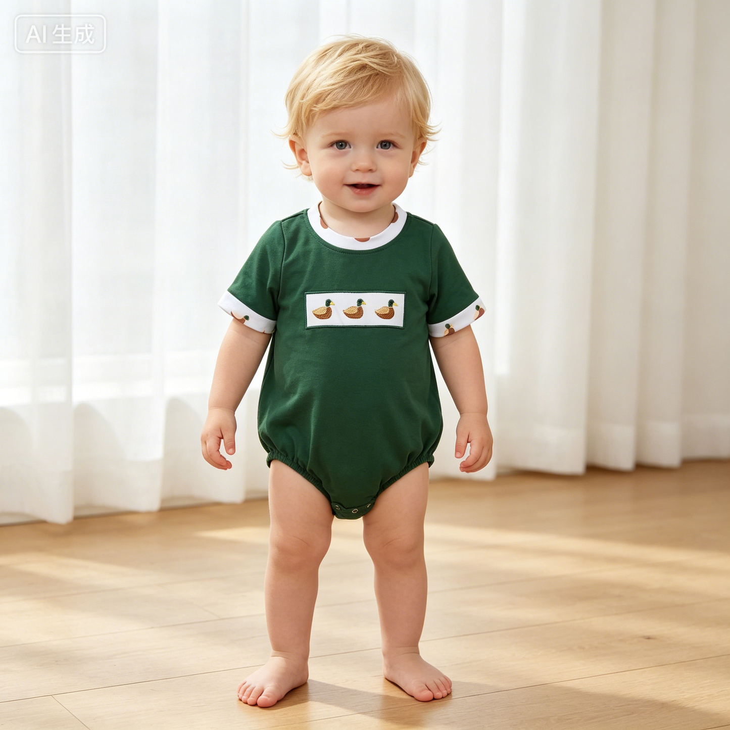 Embroidery SR4092 SR4091 Hunting Mallard Duck Green Short Sleeve Boys Romper