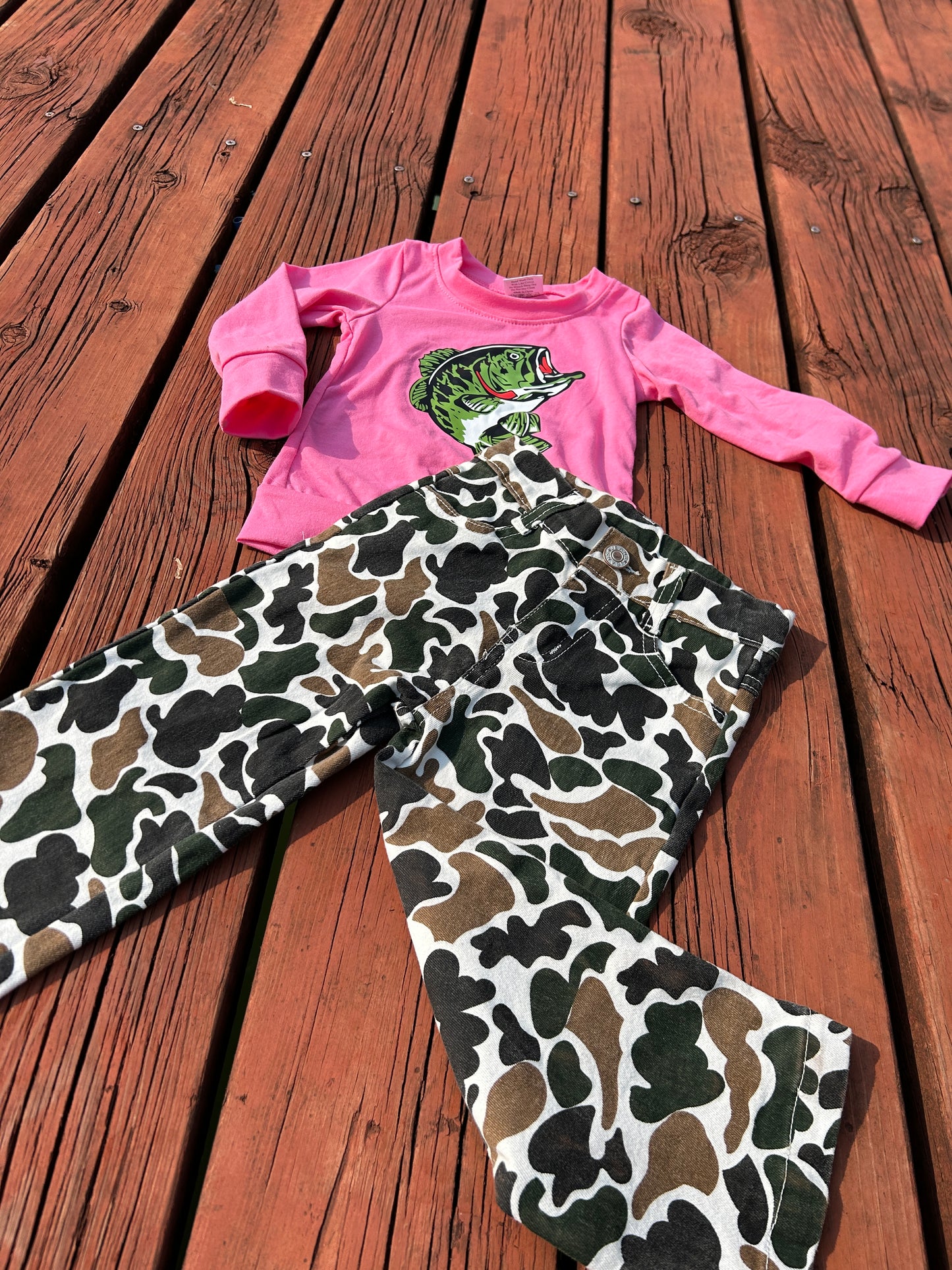 Offset Printing Fishing Hot Pink Long Sleeve Hunting Camo Jeans Girls Set