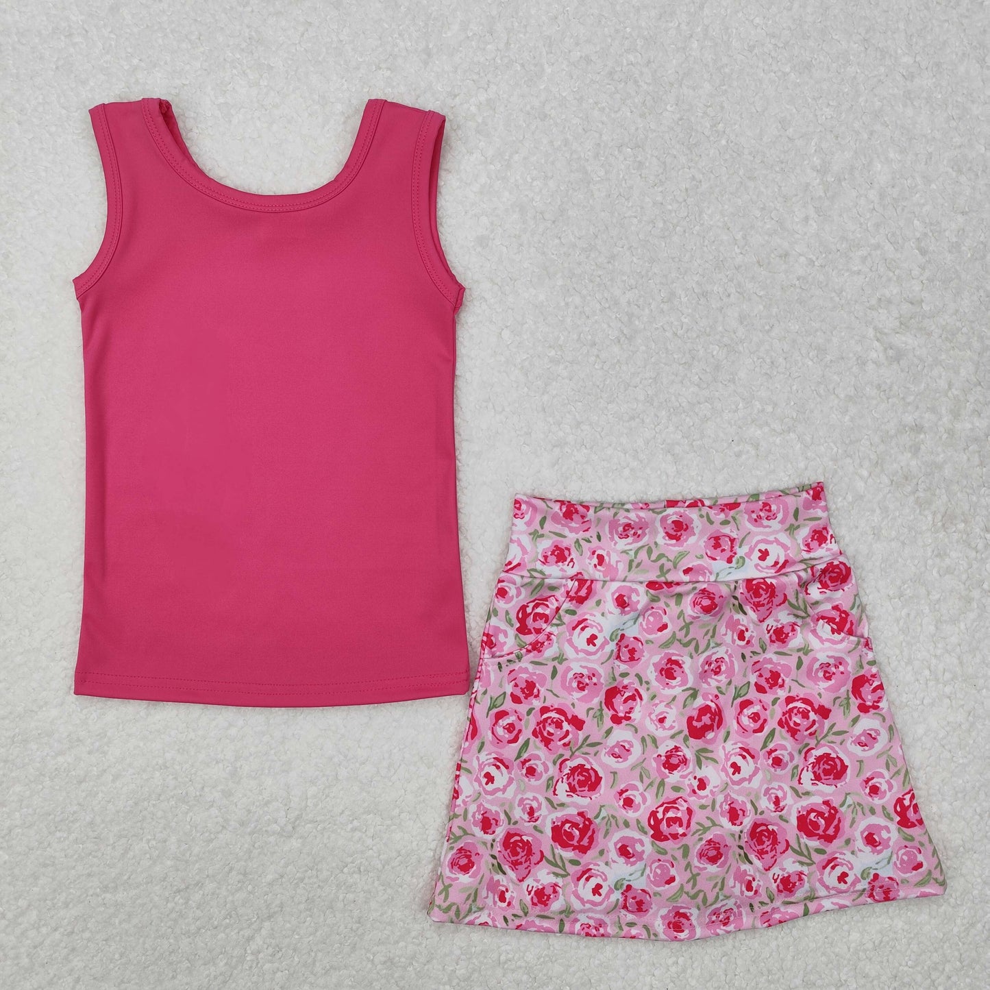 GSD1599 hot pink sleeveless hot pink flowers skirt with shorts girls yoga set