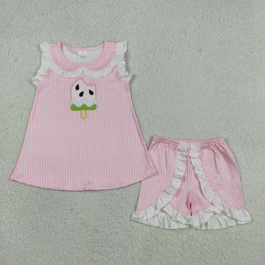 Embroidery GSSO3238 Watermelon Ice Pink Striped Sleeveless Shorts Girls Set