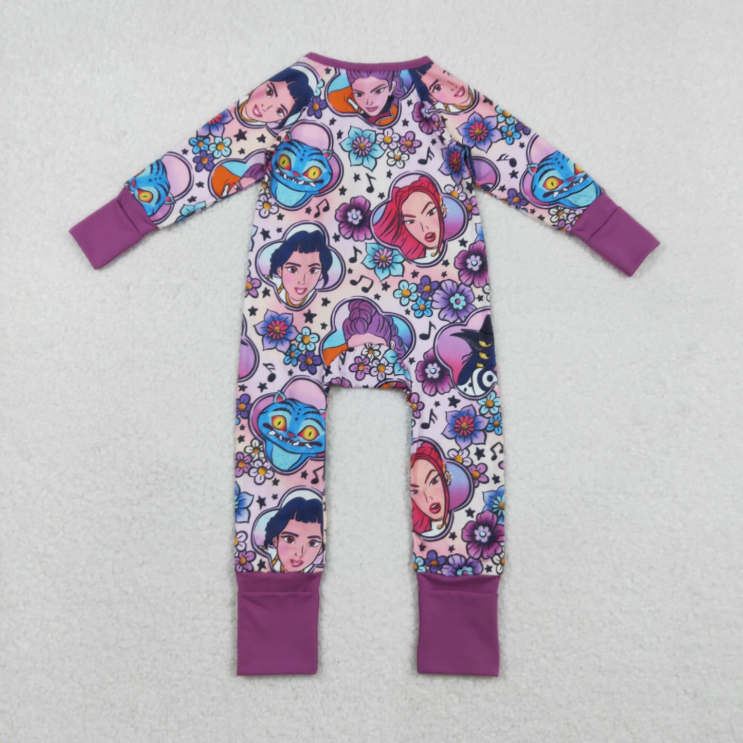 LR2732 cartoon cat witch flowers purple zipper long sleeve girls romper