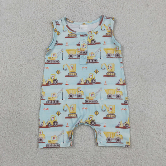 SR3085 construction truck blue sleeveless boys romper Summer
