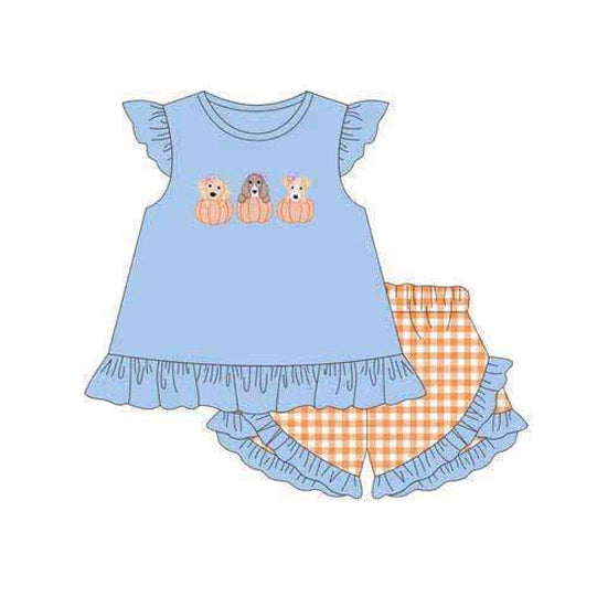 custom moq 3 pumpkin dog blue flutter sleeve orange checkered shorts girls set