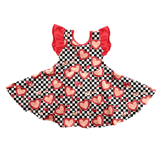 preorder GSD0616 Valentine's Day heart black checkered flutter sleeve girls dress