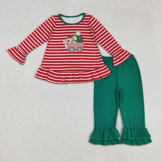 embroidery GLP2580 Christmas dog tree red striped long sleeve green pants girls set