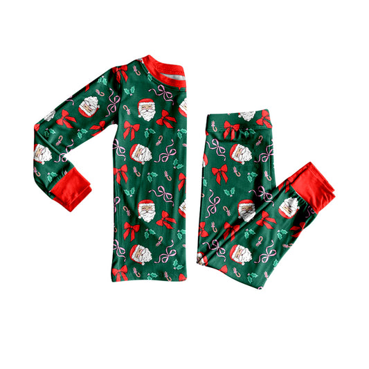 Custom moq 20 bamboo Christmas Santa holly berry bows green long sleeve pants girls pajamas