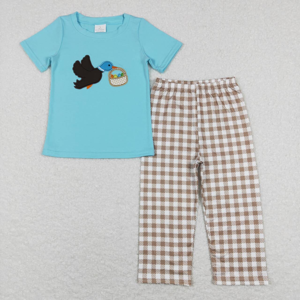embroidery Easter egg mallard blue short sleeve checkered pants set RTS sibling clothes