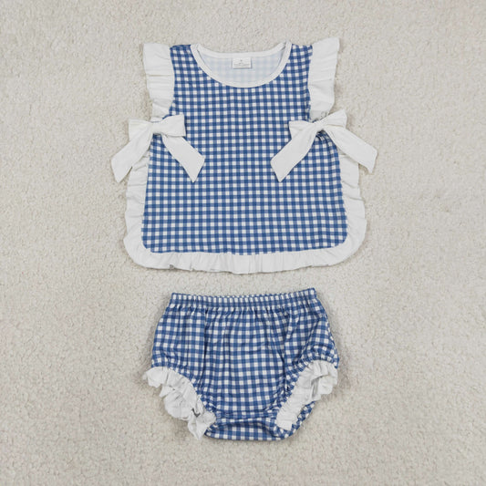 GBO0528 July 4th Blue Checkered Sleeveless Girls Bummies Set