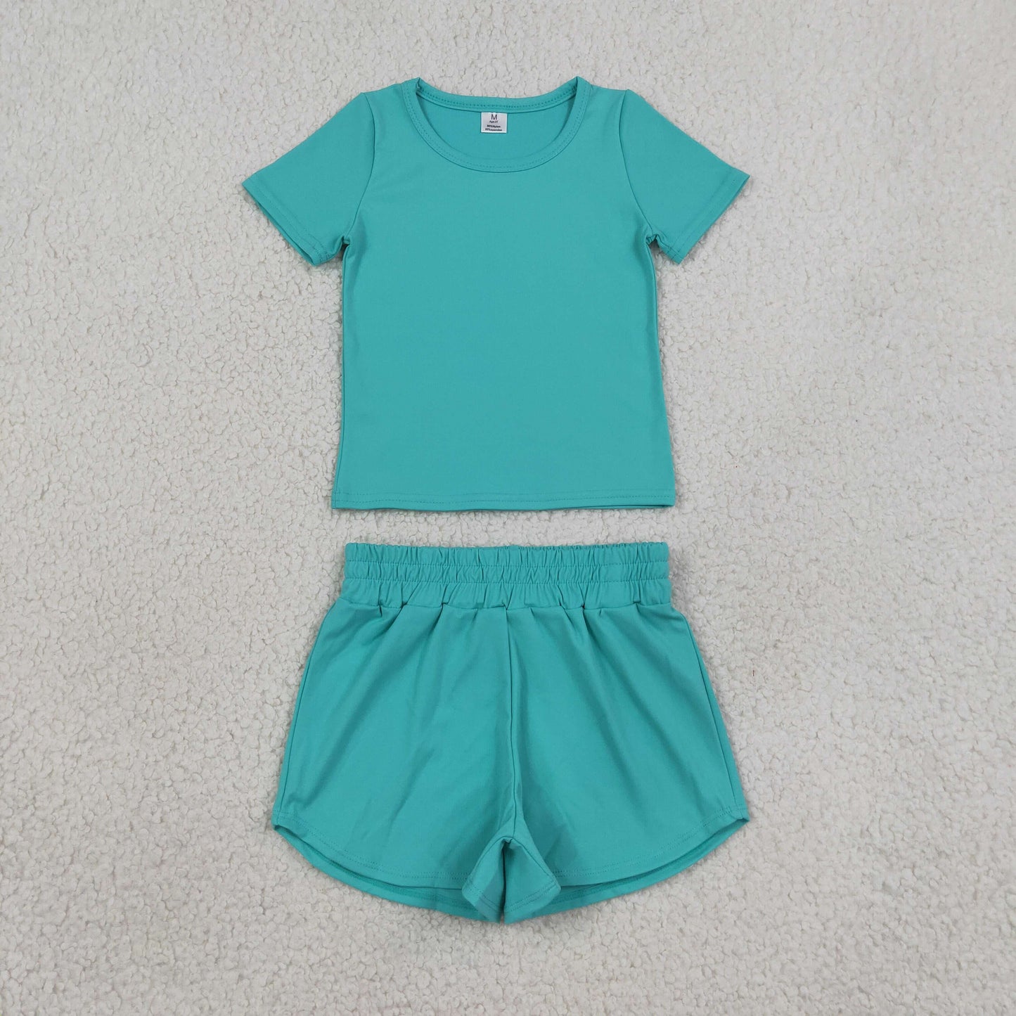 GSSO3771 Yoga Solid Color Blue Short Sleeve Shorts Girls Set