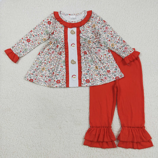 embroidery GLP2365 Christmas Santa cookie flowers orange long sleeve orange pants girls set