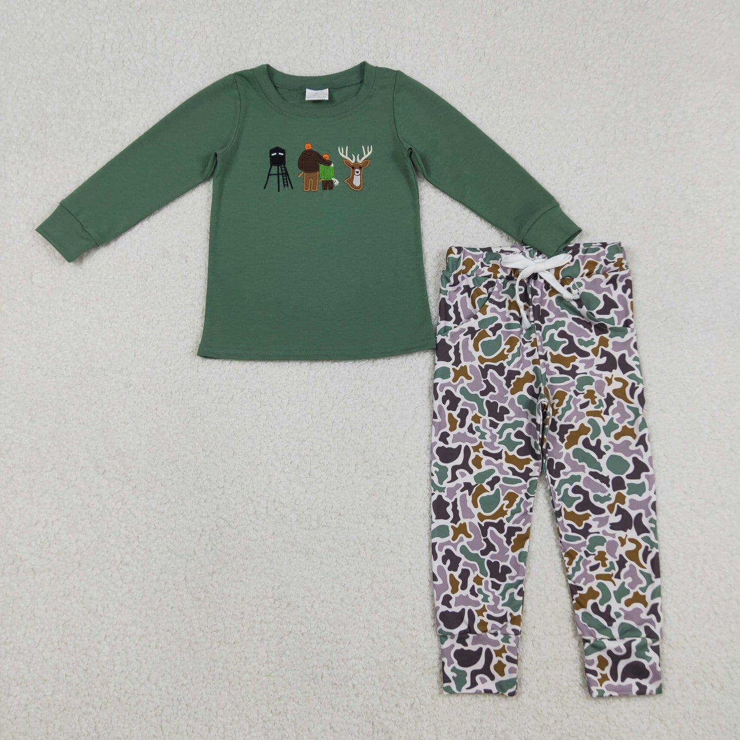 Embroidery BLP1352 hunting daddy deer long sleeve camo pants boys set