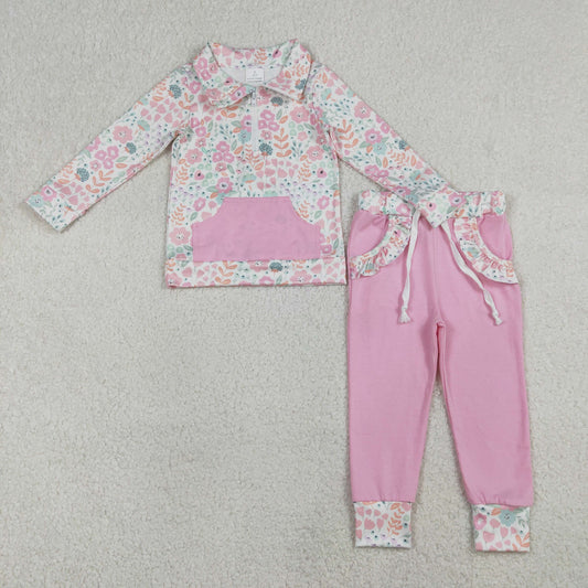 GLP3279 Flowers Floral Pocket Zipper Long Sleeve Pink Pants Girls Set