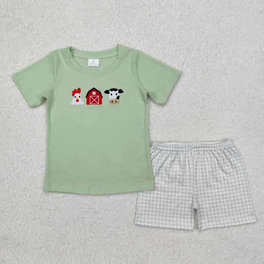 embroidery BSSO1067 Farm House Cow Chick Green Short Sleeve Checkerd Shorts Boys Set