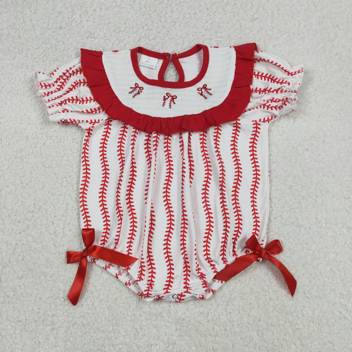 Embroidery SR3345 red bows baseball short sleeve girls romper