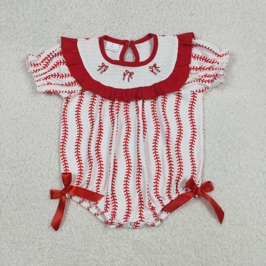 Embroidery SR3345 red bows baseball short sleeve girls romper