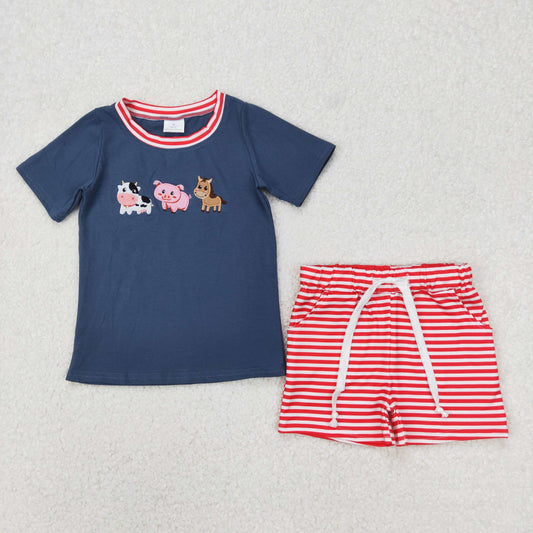 BSSO1295 embroidery farm pig cow horse animals navy blue short sleeve red striped shorts boys set