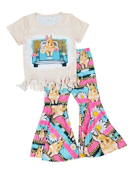 preorder GSPO1154 Rabbit Truck Flowers Tassels Short Sleeve Leopard Pants Girls Set