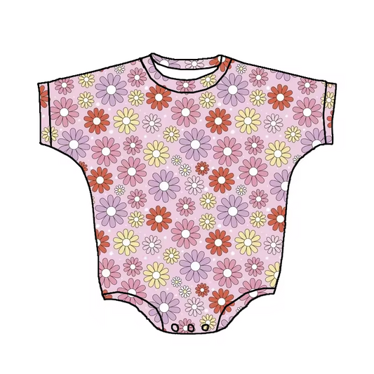 Custom colorful flowers pink short sleeve girls romper