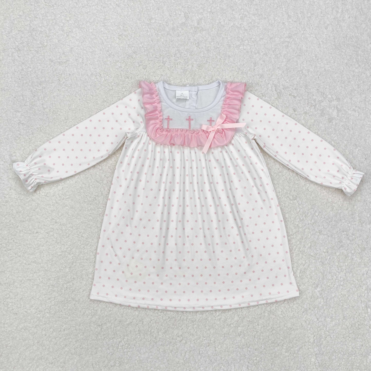 embroidery GLD0981 Easter cross pink dot ruffles long sleeve girls dress