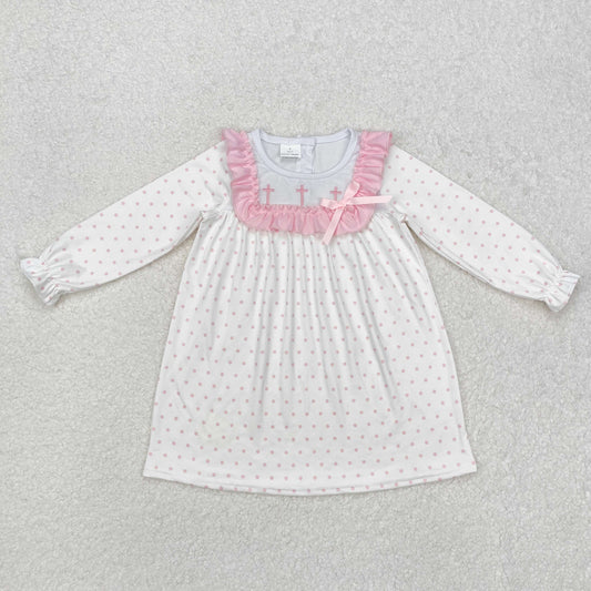 embroidery GLD0981 Easter cross pink dot ruffles long sleeve girls dress