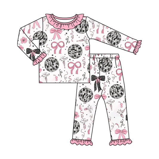 Custom moq 20 bamboo Happy new year Western light pin bows lo0ng sleeve pants girls pajamas
