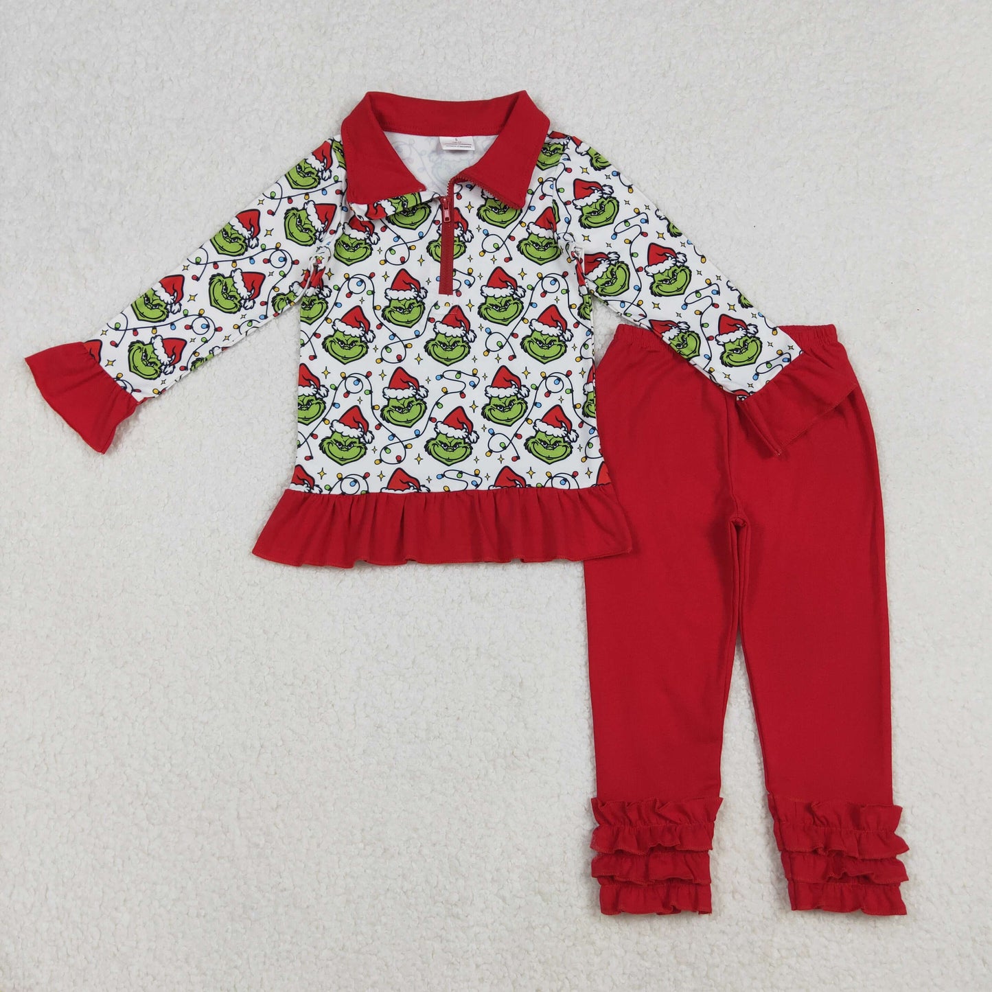 GLP2714 Christmas green face light zipper long sleeve red pants girls set