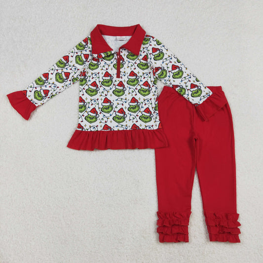 GLP2714 Christmas green face light zipper long sleeve red pants girls set
