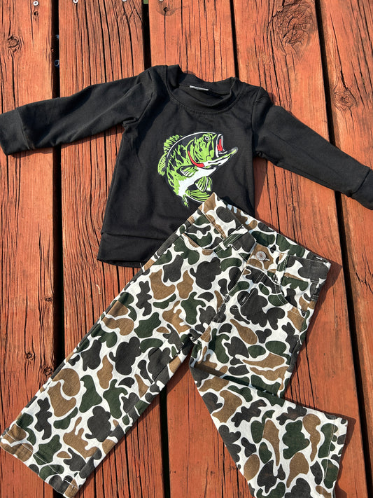 Offset Printing Fishing Black Long Sleeve Hunting Camo Jeans Boys Set