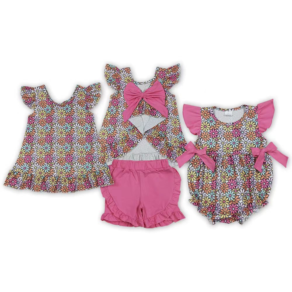 Flowers Bow Set/Romper Sibling Clothes RTS