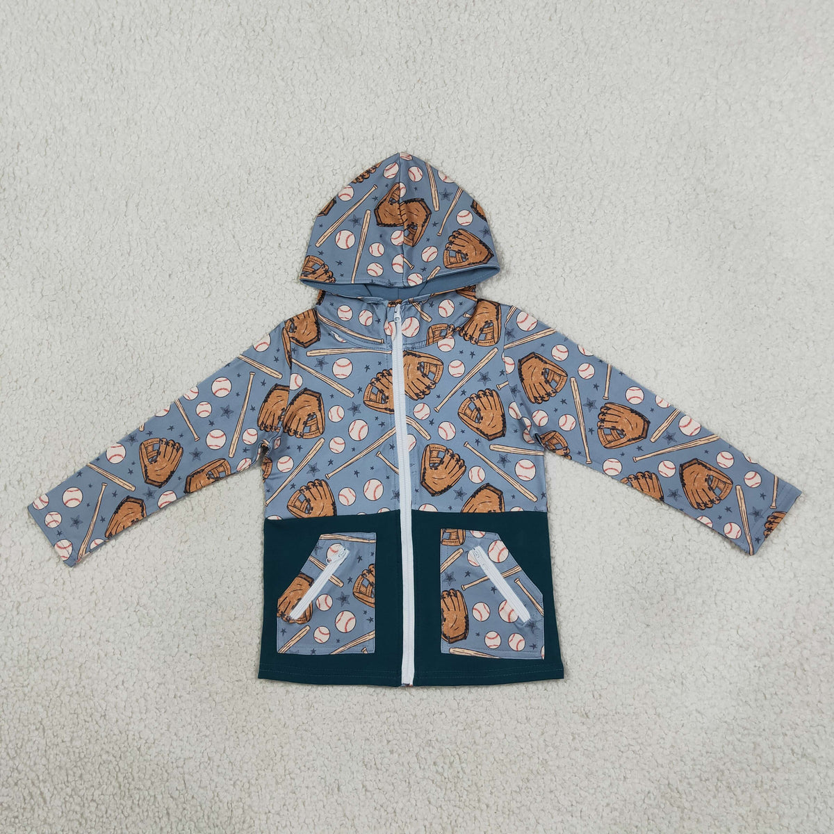 BT1342 play baseball blue zipper hoodie long sleeve boys coat