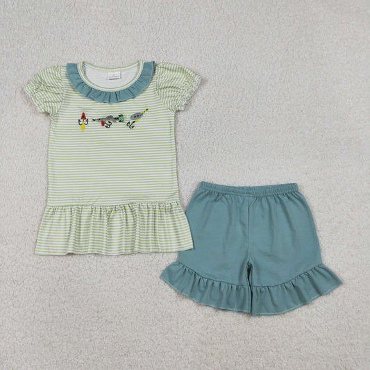 Embroidery GSSO2792 fishing striped short sleeve blue shorts girls set