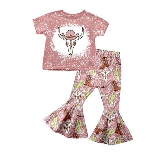 preorder GSPO0986 Western cow pink short sleeve boot cactus pants girls set