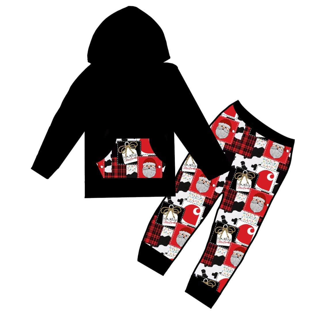 custom Christmas Santa black pocket long sleeve hoodie red black pants boys set