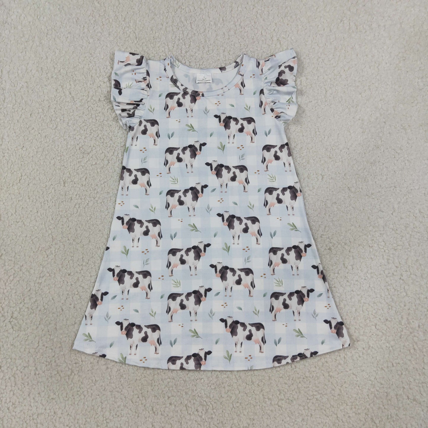 GSD3895 Farm Cow Blue Flutter Sleeve Girls Dress