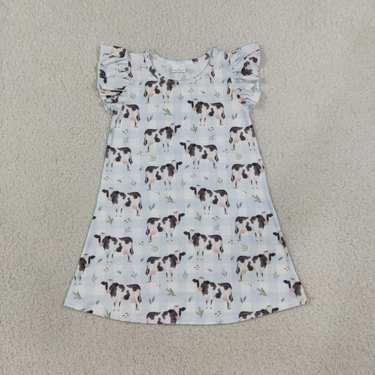 GSD3895 Farm Cow Blue Flutter Sleeve Girls Dress