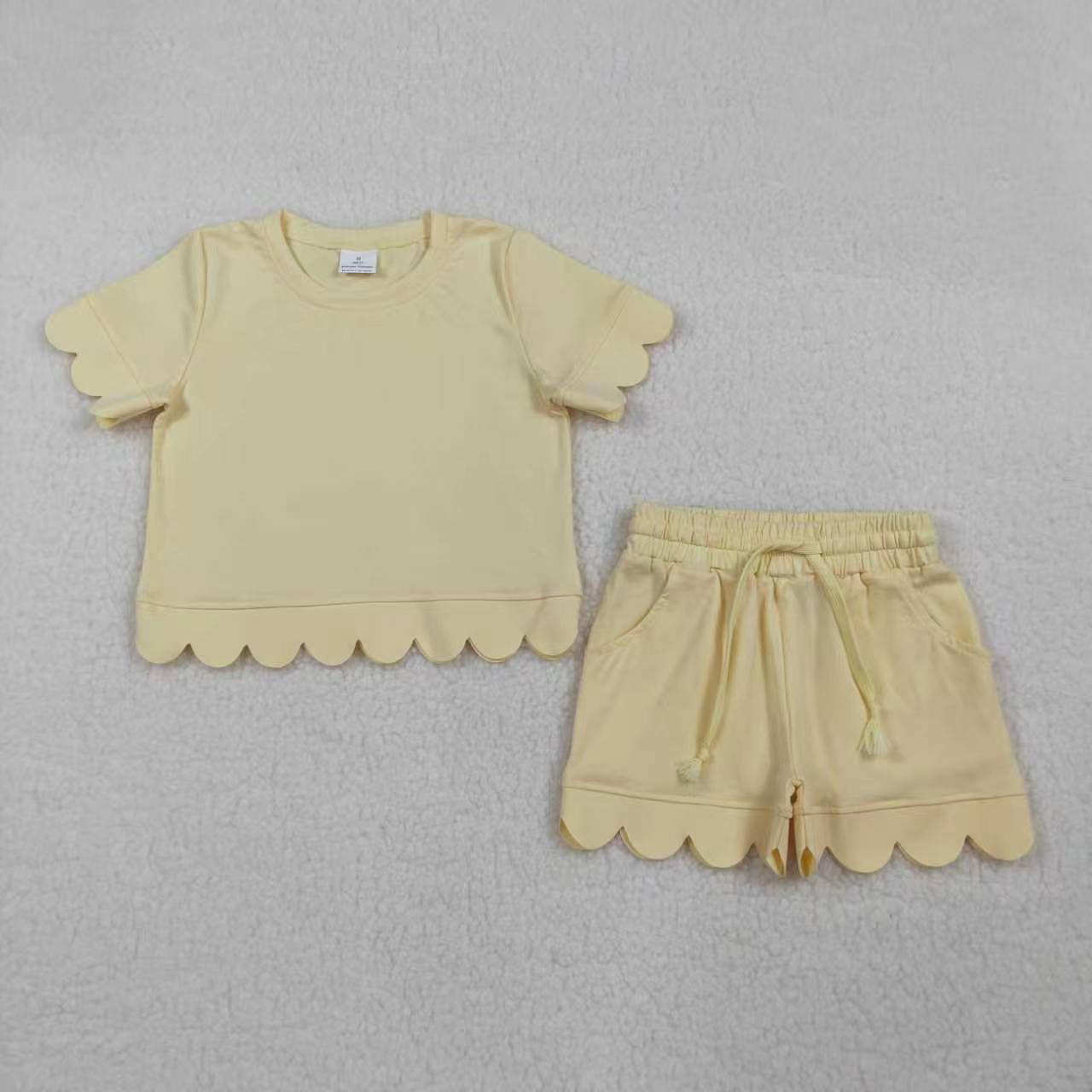 Solid Color Scallop Short Sleeve Shorts Girls Set RTS Sibling Clothes